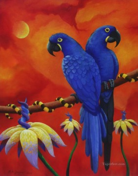 動物 Painting - 赤い背景の鳥のオウム